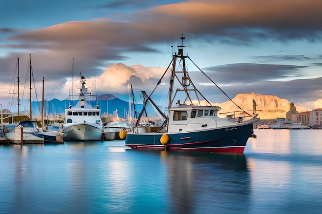 un bateau bleu et blanc est amarré dans l'eau.