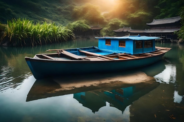 Un bateau bleu avec une cabine bleue est assis dans l'eau.