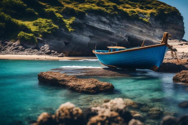 un bateau bleu est dans l'eau près d'une falaise rocheuse