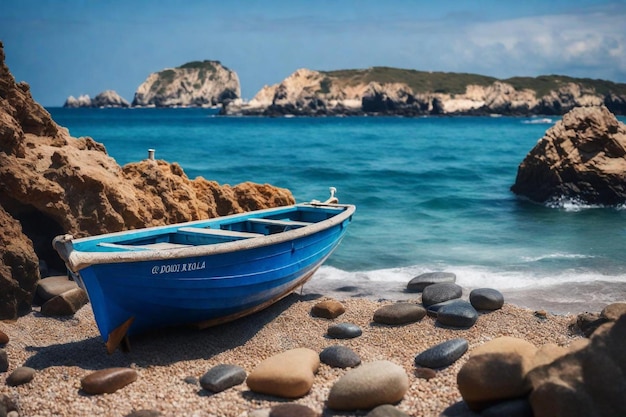 Photo un bateau bleu est sur la plage et le bateau bleue est sur l'eau