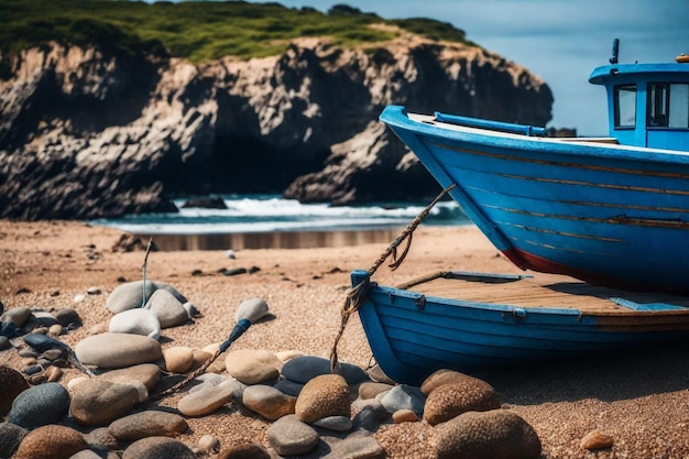 Photo un bateau bleu est sur la plage avec une corde attachée à lui