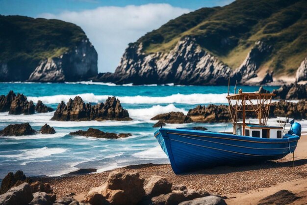 Photo un bateau bleu est sur la plage et l'eau est bleue