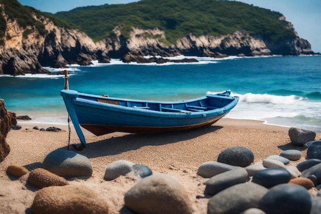 Photo un bateau bleu est sur la plage et l'eau est bleue.