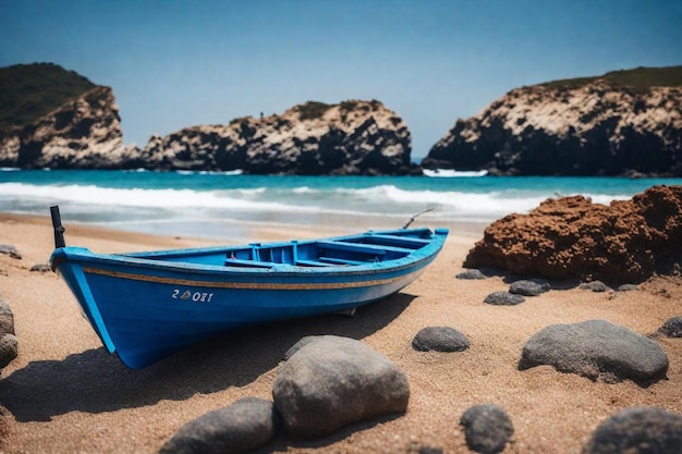 Photo un bateau bleu est sur la plage avec le nom sur le côté