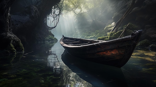 Un bateau en bois abandonné sur les rives d'une rivière