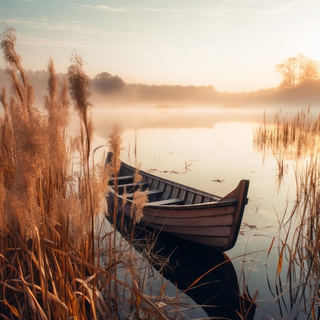 Un bateau en bois attaché à la rive dans le brouillard du matin, entouré de roseaux et d'un lac calme.