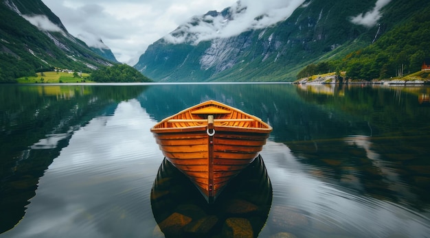 un bateau en bois flottant sur un lac calme en Norvège