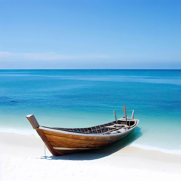 Un bateau en bois garé sur la mer une plage blanche sur un ciel bleu clair une mer bleue