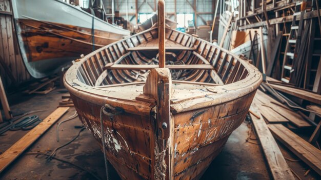 Bateau en bois parmi d'autres bateaux dans l'entrepôt