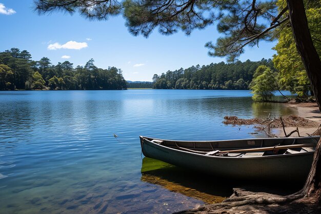 Photo un bateau en bois sur la rive d'une rivière un paysage paisible en arrière-plan