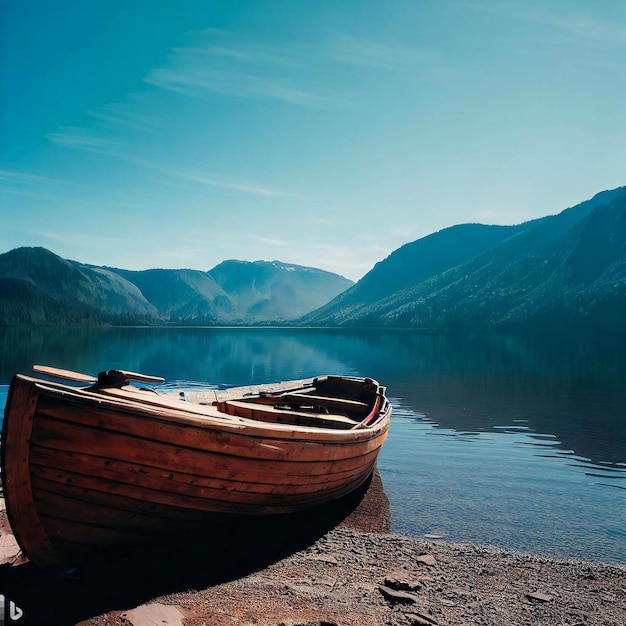 Un bateau en bois se trouve au bord d’un lac dans les montagnes