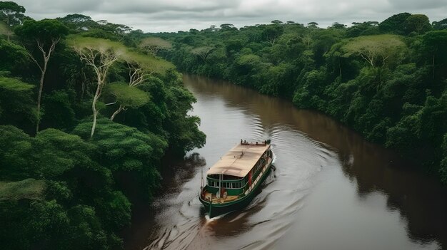 Bateau en bois de trafic naviguant sur la rivière de la forêt tropicale en drone photo générative ai