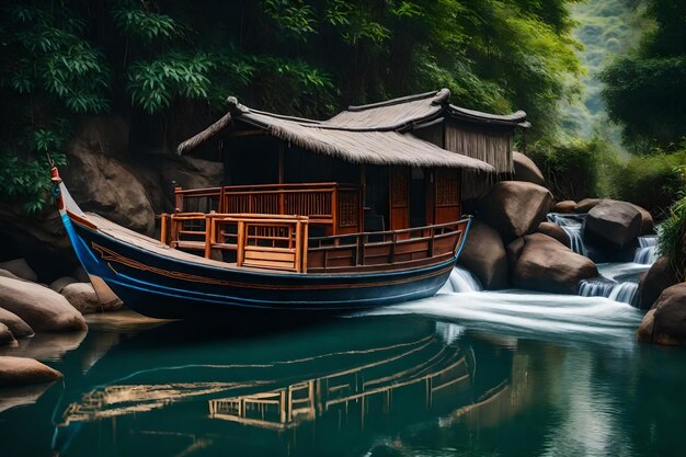 Un bateau avec une cabane sur le côté.