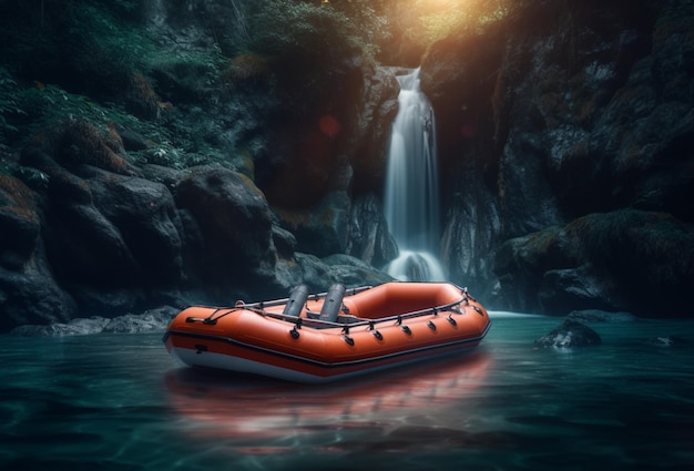 Bateau en caoutchouc sous le débit doux d'une cascade