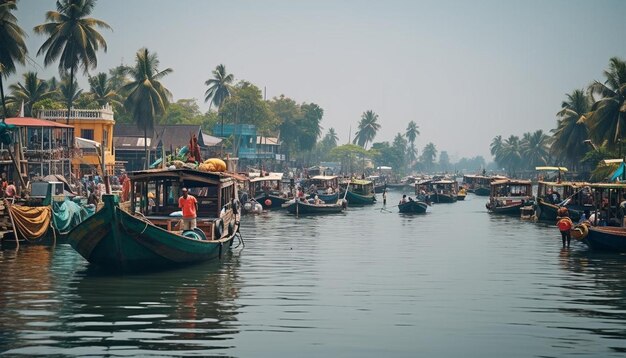 Photo un bateau avec une chemise rouge est sur l'eau et un homme est debout dans l'eau avec une camisa rouge sur