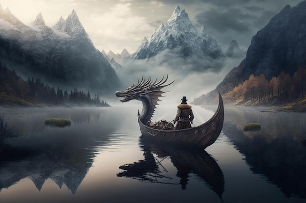 Photo bateau chinois à tête de dragon sur un lac brumeux avec un paysage de montagne enchanteur et une ambiance mystique