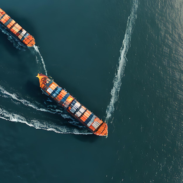 un bateau avec un conteneur rouge et jaune qui dit le mot sur le côté