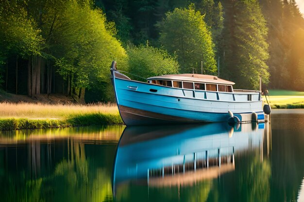 un bateau à coque bleue se trouve sur un lac.