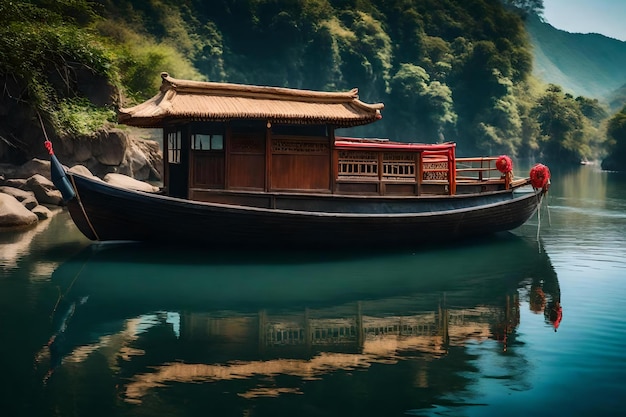 Un bateau avec une couverture rouge flotte sur une rivière avec un panneau rouge indiquant « un restaurant » sur le côté.