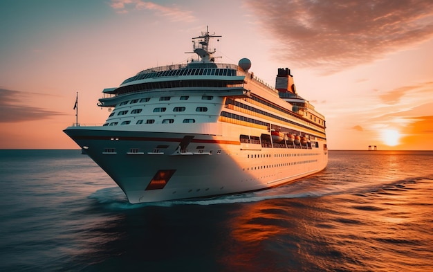 Un bateau de croisière dans l'océan au coucher du soleil.