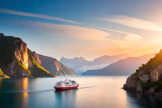 Un bateau de croisière dans un plan d'eau avec des montagnes en arrière-plan.