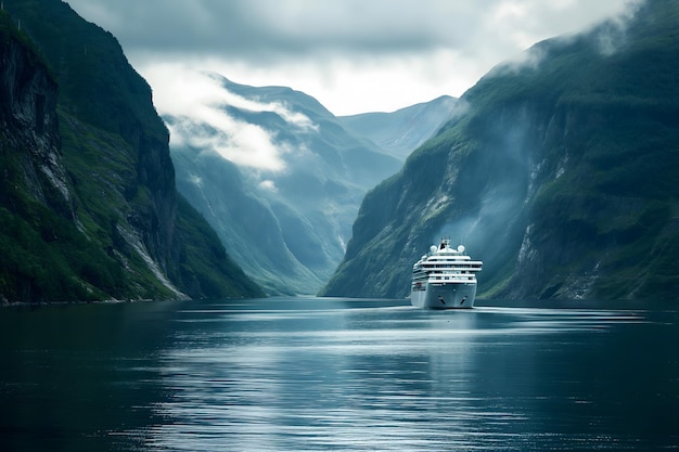 Un bateau de croisière entouré de montagnes sur une étendue d'eau