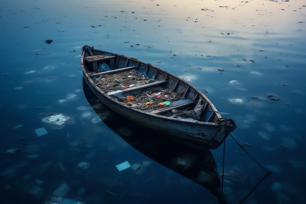 Un bateau dans l'eau avec des déchets au fond