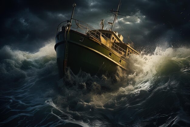 Photo un bateau dans l'eau est dans l'océan et le ciel est sombre et orageux