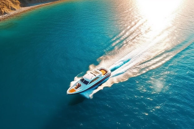 Un bateau dans l'eau avec le mot yacht en bas.