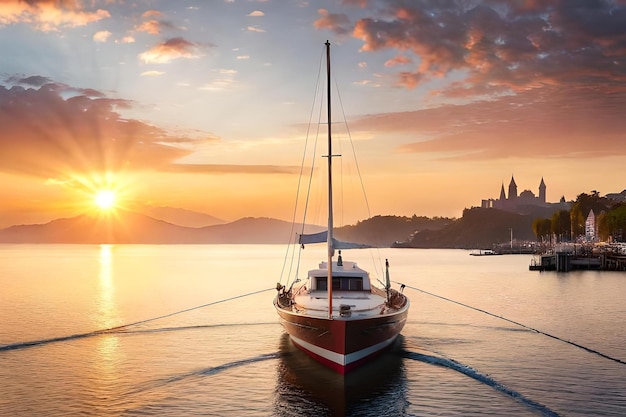 Un bateau dans l'eau avec le soleil couchant derrière lui.