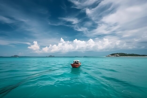 Un bateau dans l'eau turquoise de l'océan contre un ciel bleu avec des nuages blancs Ai Generative