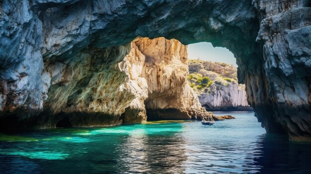 Un bateau dans une grotte avec un bateau dans l'eau