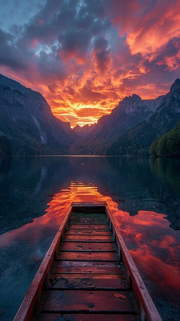 un bateau dans un lac avec un coucher de soleil derrière lui