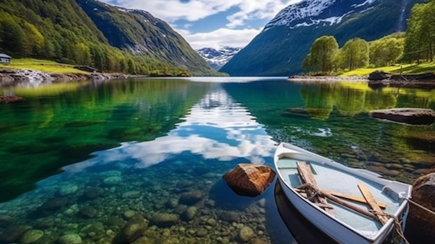 Un bateau dans un lac avec des montagnes en arrière-plan