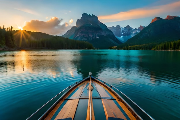 Un bateau dans un lac avec des montagnes en arrière-plan