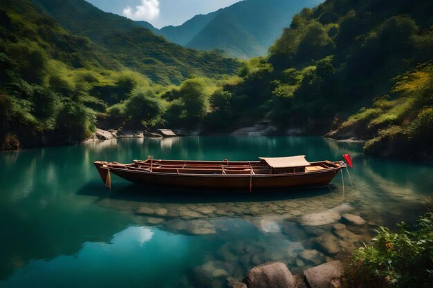 Un bateau dans un lac avec une vue sur la montagne en arrière-plan.