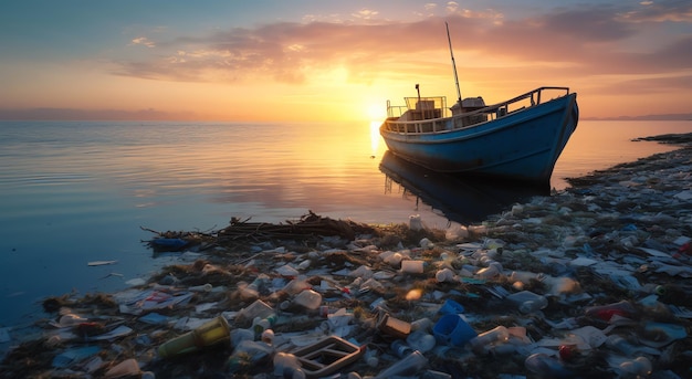 Un bateau dans une mer polluée avec un coucher de soleil en arrière-plan.