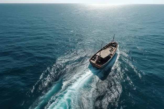 Un bateau dans l'océan avec le soleil qui brille sur l'eau