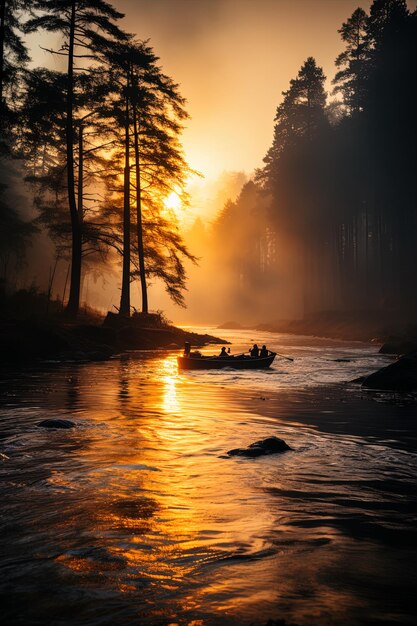 Photo un bateau dans la rivière au coucher du soleil