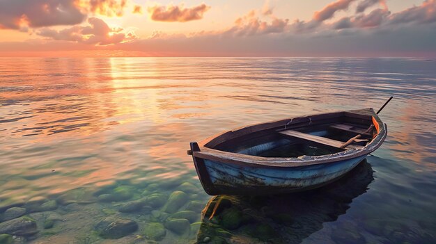 Un bateau délabré sur le lac.