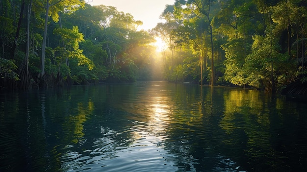 Photo un bateau descend la rivière entouré d'arbres