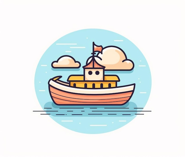 Bateau de dessin animé sur l'eau avec un drapeau sur le dessus.