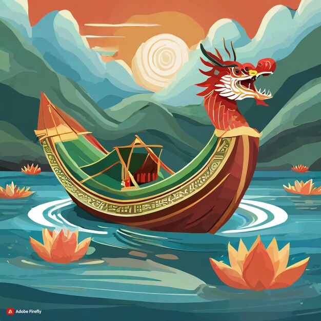 un bateau avec un dragon à l'avant et un bateaux avec des fleurs à l'arrière-plan