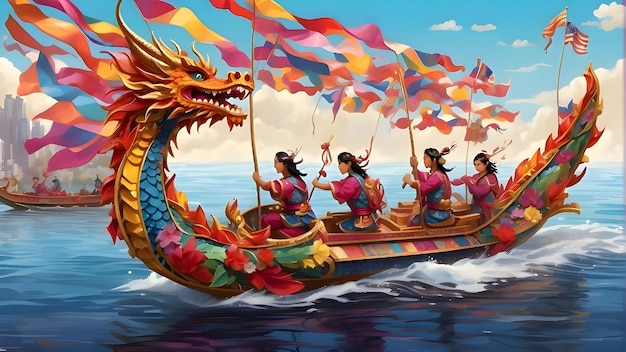 un bateau de dragon avec le dragon dessus porte un dragon