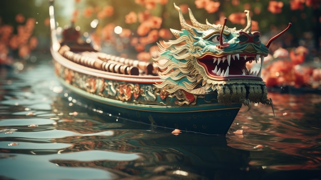 Photo un bateau-dragon flottant sur un plan d'eau
