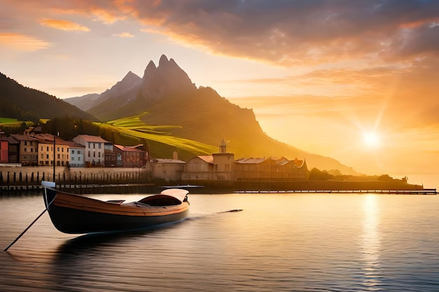 Un bateau sur l'eau au coucher du soleil