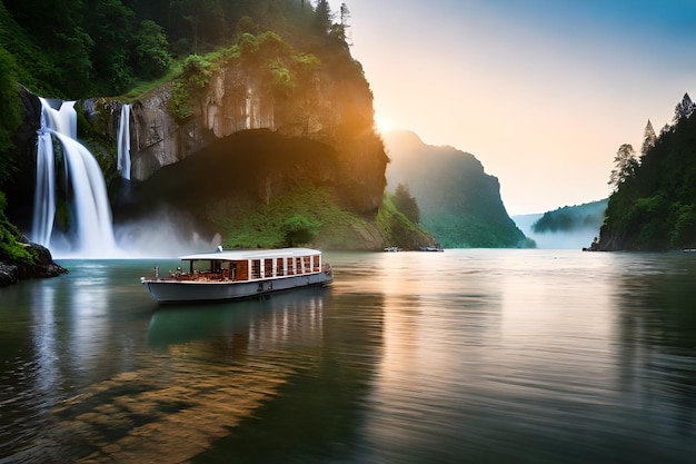 un bateau sur l'eau avec une cascade en arrière-plan