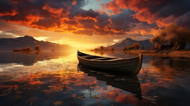 Un bateau sur l'eau avec un fond de coucher de soleil