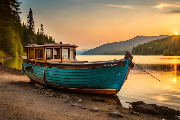 Un bateau sur l'eau avec des montagnes en arrière-plan