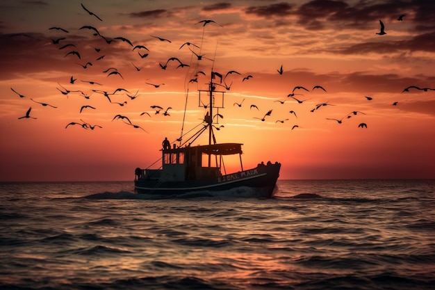 Un bateau entouré d'une volée d'oiseaux